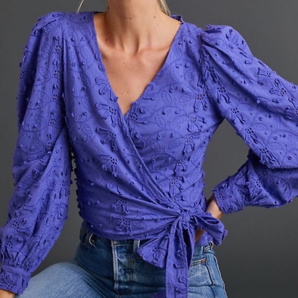 Seen Worn Kept Anthro Idah Purple Puff Wrap Blouse